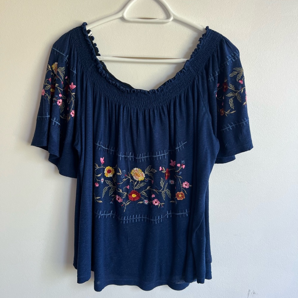 Ranna Gill Navy Blouse Smocked with Floral Embroidery Romantic casual